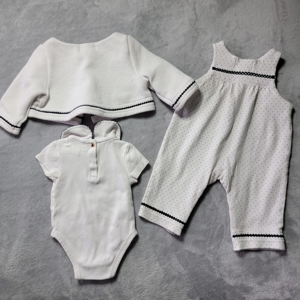 Kate Spade New York Baby Girls 3 Piece Set White Polka Dot 3M Cardigan Romper - Picture 2 of 8